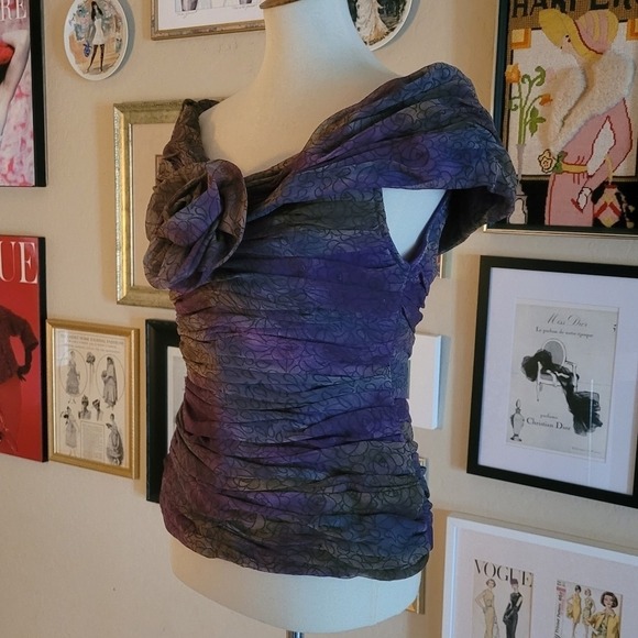 Vintage 50's Handmade Ruched Silk Dark‎ Watercolor Off the Shoulder Top - Picture 7 of 10